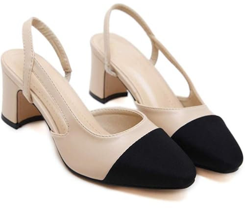 LAIYUTING Damen Elegant Blockabsatz Slingback Weiches Leder Sandale Pumps, Beige,40 EU
