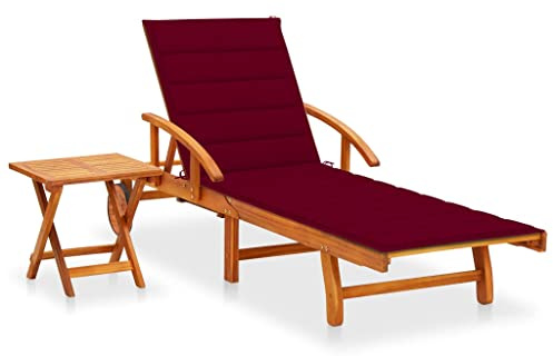 ZQQLVOO Sonnenliege mit Tisch und Auflage aus massivem Akazienholz, verstellbare Relaxliege mit ausziehbarer Tischplatte und klappbarem Beistelltisch, Gartenmöbel für Terrasse,