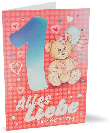 KE - 1. Geburtstagskarte für Kinder, DIN B6 Klappkarte, Umschlag inklusive, Ohne Innentext, Perfekt für Kindergeburtstag - Motiv am Ende