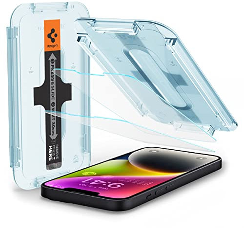 Spigen Glas.tR EZ Fit Protector Pantalla para iPhone 16e, iPhone 14, iPhone 13, iPhone 13 Pro, 2 Unidades, Alta Definicion, Dureza 9H