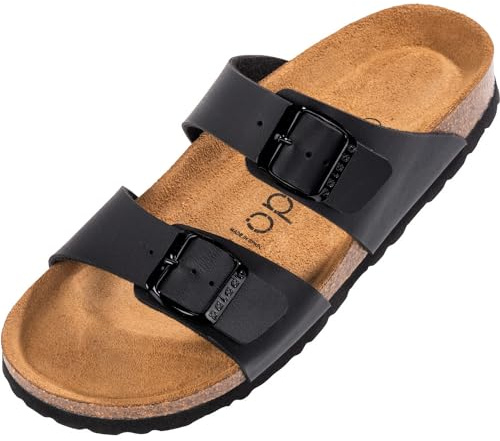 Palado Pantoletten Damen Samos - elegante Sandalen Made in Spain - bequeme Hausschuhe mit dämpfendem Kork-Fußbett - modische Sommerschuhe Matt Schwarz UK3,5 - EU36