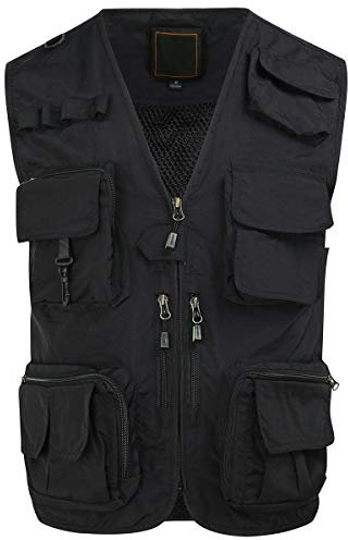 YOUTHUP Men's Outdoor Safari Outwear Gilet Hunting Hiking Fishing Multi Pocket Cargo Vest Quick Dry Photography Mesh Waistcoat Top, Black, M