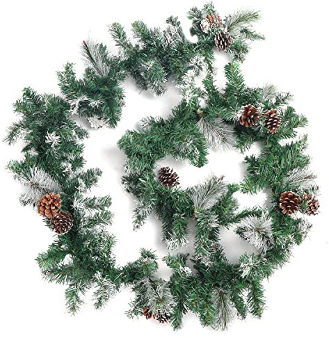 Belle Vous Guirnalda Verde de Navidad Puntas con Nieve y Conos de Pino - 2,7 m de Largo - Guirnalda de Abeto Verde Suave - Adornos Navideños para el Hogar, Escaleras, Repisa, Chimenea, Boda, Entrada