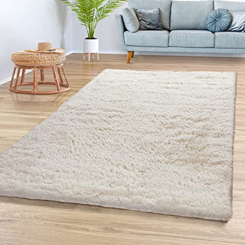 TT Home Teppich Wohnzimmer Hochflor Langflor Weich Soft Modernes Einfarbiges Design, Farbe: Hellbeige Creme, Größe:160x220 cm