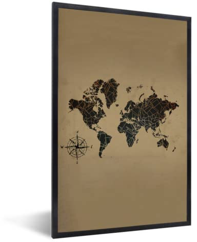 Poster encadré Carte du monde - Noir - Rose des vents Tableau deco avec cadre 60x90 cm affiche decoration murale