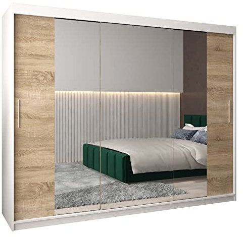 MEBLE KRYSPOL Kleiderschrank mit Spiegel Tokyo 2 - Garderobenschrank - Schrank Schlafzimmer - Mehrzweckschrank DREI Schiebetüren - Regalen - Flur Möbel - Kleiderstange Schrank - Allzweckschrank