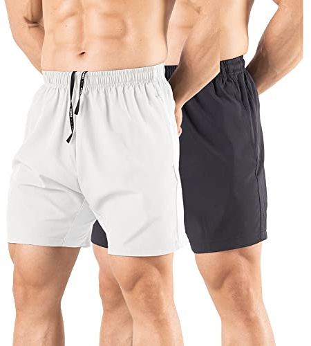 Gaglg Men's 5 Running Shorts 2 Pack Quick Dry Athletic Workout Gym Shorts with Zipper Pockets Black/White,Medium