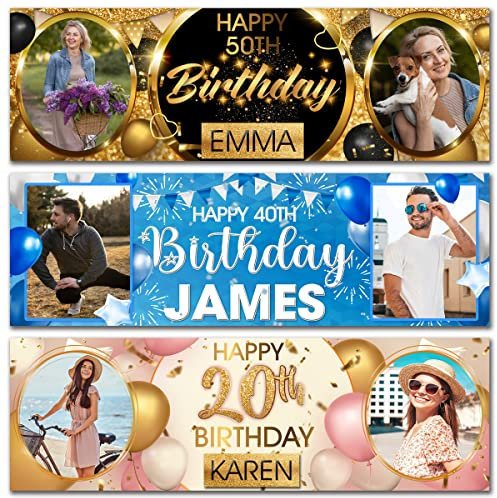 2 personalisierte Geburtstagsbanner Foto blauer Mann Junge Party Dekoration Ballon Feier Jahrestag -18. 20. 30. 40. 50. Geburtstag Geschenk