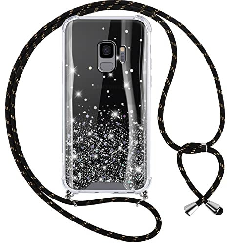 Vauki Coque Paillettes avec Cordon pour Samsung S9, Glitter Case avec Collier Silicone PC Antichoc Protection Cover avec Réglable Tour de Cordon Sparkle Housse Etui pour Samsung Galaxy S9, Noir