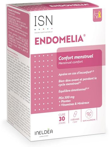 ISN - Endomelia - Complément alimentaire à base de PEA, NAC, Resvératrol, Plantes, Vitamines & Minéraux - Favorise le confort menstruel - Equilibre émotionnel - Cure 30 jours