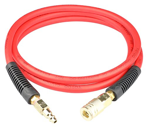 YOTOO Hybrid Lead-in Air Hose 1/4-Inch by 6-Feet 300 PSI Heavy Duty, Lightweight, Kink Resistant, All-Weather Flexibility with Bend Restrictors, 1/4 Industrial Quick Coupler and Plug, Red