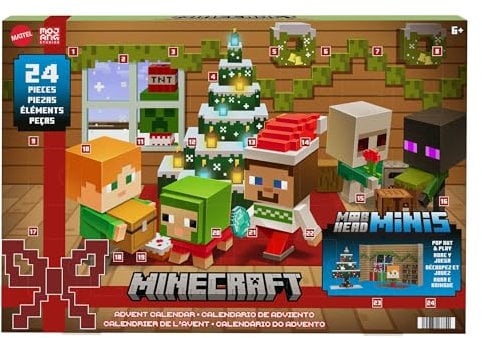MINECRAFT Mob Heads Adventskalender - 24 Überraschungen mit Steve, Mobs und Zubehör im verpixelten Look des Videospiels, ausstanzbarer Verpackungsteile, für Fans ab 6 Jahren, HND33