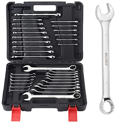 BULLTOOLS 32-Piece Combination Wrench Set, SAE and Metric 1/4-1 & 7mm-22mm Wrenches Chrome Vanadium Steel Box End and Open End Standard Wrench Set with Case