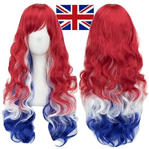 IMISSU Flagge Farbe Design Haare Cosplay Perücken mit Pony Halloween Kostümperücke (GB Flagge Rot Weiß Blau)