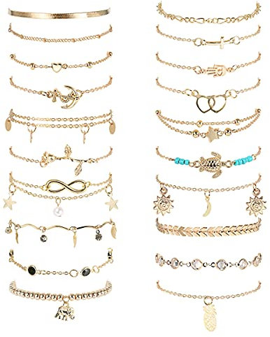 Morfetto 20Pcs Ankle Bracelets for Women Adjustable - Silver Anklets for Women Gold Women's Anklets Waterproof Anklet Set Gold Beach Ankle Bracelet Jewelry
