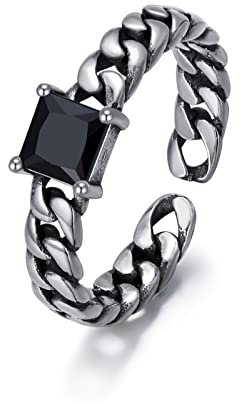Ring Schwarzer Onyx für Frauen 925 Sterling Silber Vintage Gothic Oxidized Verstellbarer Ring (Style C)