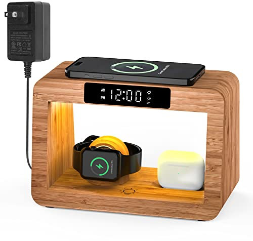 Bamboo Wireless Charging Station with lamp and Alarm Clock, 3 in 1 Charging Station for Apple Devices, Fast Wireless Charger for iPhone 14 13 12 11 Pro Max XR XS 8 Plus, Apple Watch, AirPods Pro 3 2