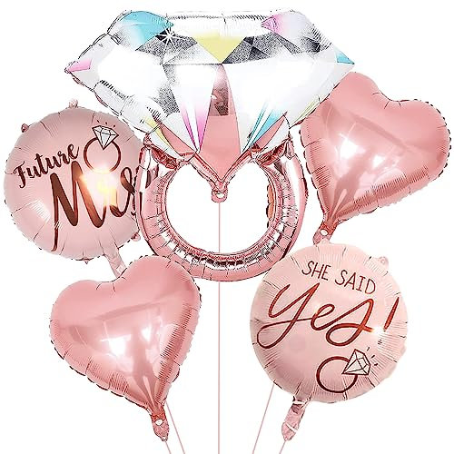 Engagement Diamond Ring Balloons Set - 25 Inch Rose Gold, 18 Inch 'She Said Yes' Future Mrs Heart Foil Balloons for Bride to Be Wedding Proposal Party Decorations, 5pcs