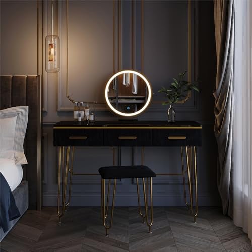 Vicco Schminktisch Layla, Schwarz Hochglanz, 100 cm mit LED Spiegel und Hocker