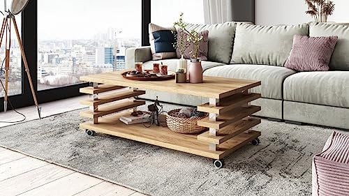 DC-3 Couchtisch Eiche Gold 120x60cm mit Ablage modern stabil vielseitig Wohnzimmertisch Beistelltisch Sofatisch Zeitloses Design platzsparend robust Wohnzimmer mit Rollen