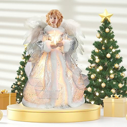 Longzhuo Tree Top Angel, punta per albero di Natale, 32 cm, punta per albero di Natale, decorazione per albero di Natale, delicata punta di Natale, statua d'angelo, per interni (argentato)