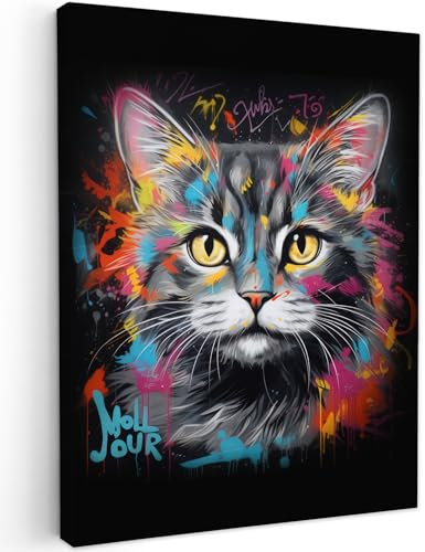 MuchoWow© Impression sur Toile Peinture 50x70 cm Tableau Mural Decoration Salon Reproductions de Tableaux Murale Moderne Chat - Graffiti - Animaux - Couleurs - Gris
