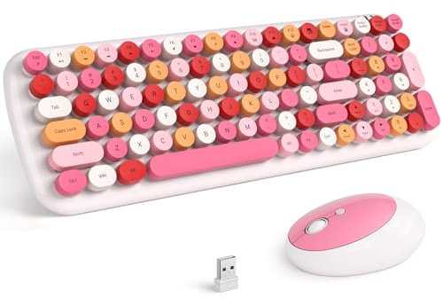 Dilter Wireless Keyboard and Mouse, Retro Full Size Typewriter Keyboard and Mouse Combo, USB Receiver Plug and Play for Windows, Computer, PC, Laptop, Desktop (White Colorful)