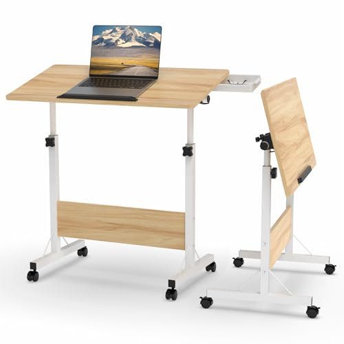 PIPIPOXER 80 x 40 cm Mesa para portátil con ruedas, mesa plegable para ordenador portátil, altura ajustable 64-89 cm, escritorio para ordenador, mesa alta móvil, mesa superior 360°, mesa auxiliar,