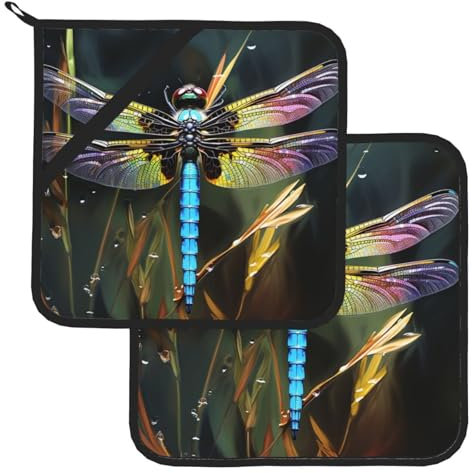 Topflappen mit buntem Libellen-Motiv, quadratisch, waschbar, hitzebeständig, mit Taschen, wasserdicht, rutschfest, zum Backen, Kochen, 20,3 x 20,3 cm, 2 Stück