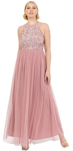 Maya Deluxe Damen Womens Ladies Bridesmaid Maxi Dress Halter Neck Sequin Embellished Prom Graduation Wedding Brautjungfernkleid, Vintage Rosenmuster, 40