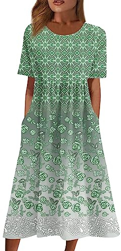 Kleid Damen Kleider Damen Tunika Damen Sommer Damen Kleider Elegant Festlich Cocktailkleid Knielang Elegant Kleid Damen Kleid Leichte Freizeitkleid Mit Taschen（6-Green,XL）