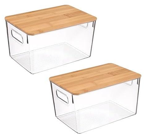 Gzsekken Plastic Storage Bins 2 Pack Kitchen Storage Box Stackable Cabinet Shelf Organiser with Bamboo Lid Kitchen Pantry Cabinet Perfect Snack Organisation- Clear/Natural