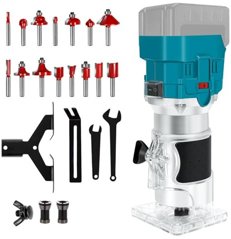 Akku kantenfräser Kompatibel mit Makita 18V Akku, 800W Bürstenloser Oberfräse mit 6 Geschwindigkeit, 15pcs Fräser Bits, gerade Führung und 3 Spannzangen, Akku Holztrimmer (nur Werkzeuge)