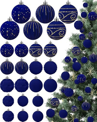 Suzile Samt-Weihnachtsbaumschmuck, beflockte Kugel-Dekorationen für Weihnachtsbaum, Weihnachtskranz, Girlande, Kamin, 24 Stück (dunkelblau)