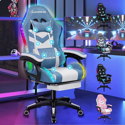 ELFORDSON 8-Point Massage Gaming Chair with RGB LED, Massaging Office Chair with Lumbar Support Footrest 82cm High Back 150° Recliner, Adults and Kids, Fabric Linen, Blue & White