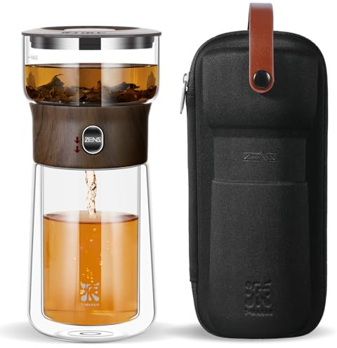 ZENS Klein Solo Teekanne Glas für Losen Tee Zubereitung, One-Touch-Drücker-Teekanne mit 270ml Isolierter Tasse für das Büro Teezubereitung, Teezubereiter mit Tragetasche für Geschenke