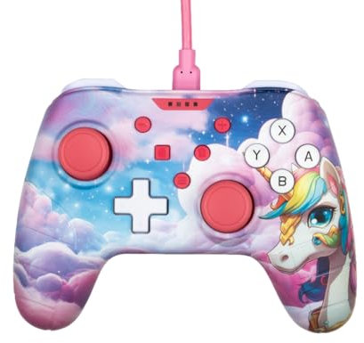 Konix Controller con cavo per Nintendo Switch, Switch 2 e PC - Funzione vibrazione - Impugnature antiscivolo - Cavo da 3 m - Fantasia Be Dreamy, unicorno