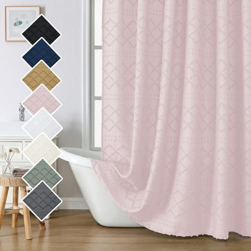 Lecloud Blush Pink Shower Curtain Set 72x96 Inches, Modern Farmhouse Tufted Plaid Striped Textured Minimalist Chic Fabric Shower Curtain for Hotel Bathroom