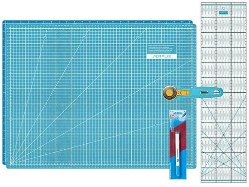 SEMPLIX Schneidematten Set - Schneideunterlage 60 x 45 cm (A2), Rollschneider Maxi, Patchwork Lineal + PRYM Aqua-Trickmarker (türkis/petrol)