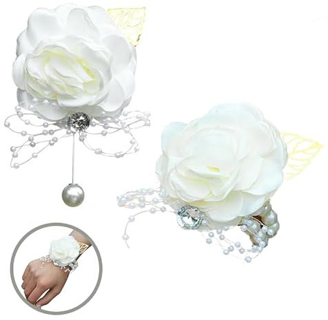 GIEEU 2PCS Corsage Floral de Poignet de Mariage,Ensemble de fleurs élégantes pour le poignet -fleurs de mariage main pour les mariées, les demoiselles d'honneur et les marié (blanc)