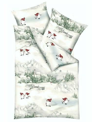 JACK by Kaeppel Fein Biber Bettwäsche 2 TLG. 135x200cm Schneewichtel Silber Berge Bäume Schnee Grün Weiß Rot