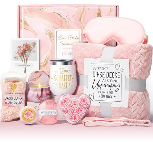 Geschenke für Frauen, Geburtstagsgeschenk für Frauen mit 12 OZ Edelstahl Weinbecher und Decke, Geschenke für Freundin Schwester zum Geburtstag Weihnachten,Mama,Ehefrau Geburtstagsgeschenk Geschenkset