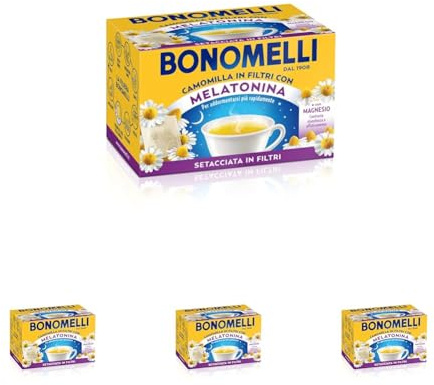 Bonomelli Camomilla Setacciata con Melatonina e Magnesio 14 Bustine, Contro Stanchezza e Affaticamento, Infuso Rilassante (35g) (Confezione da 4)