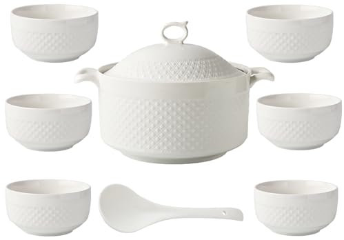 NNYCC Soupière avec Bols, Soupe Service Bol en Porcelaine avec Couvercle et Louche Ensemble de Vaisselle Blanche pour la Cuisine à Domicile et Le Restaurant,3.6l+6