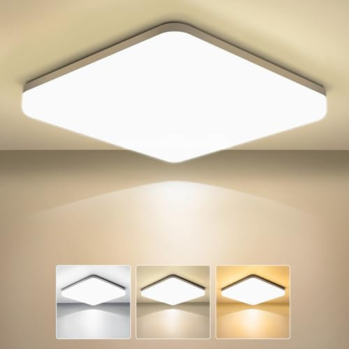 OUILA Led Deckenleuchte, 24W Deckenlampe für Küche Badezimmer Wohnzimmer Keller Flur, IP44 Wasserdicht 2400LM 3000K/4000K/6500K Selectable, Beleuchtung Lampen Quadrat 22cm x 22cm