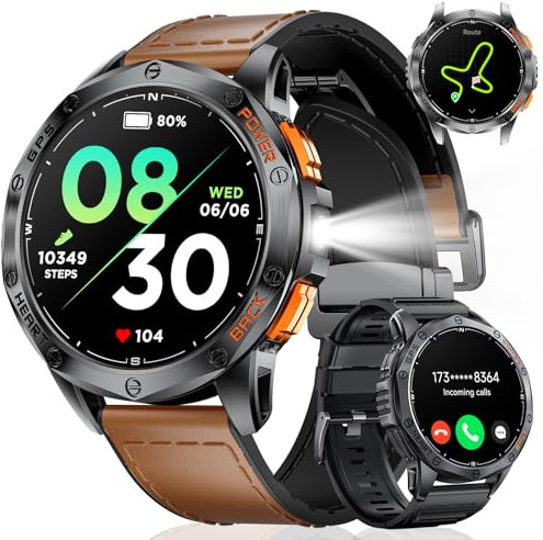 ESFOE Smartwatch Herren GPS Laufuhr Herren-LED Taschenlampe/530mAh Akku, 1,43'' AMOLED 10ATM Smartwatch Militär mit Kompass, Barometer, Herzfrequenz, SpO2, Schlafüberwachung für Android iOS