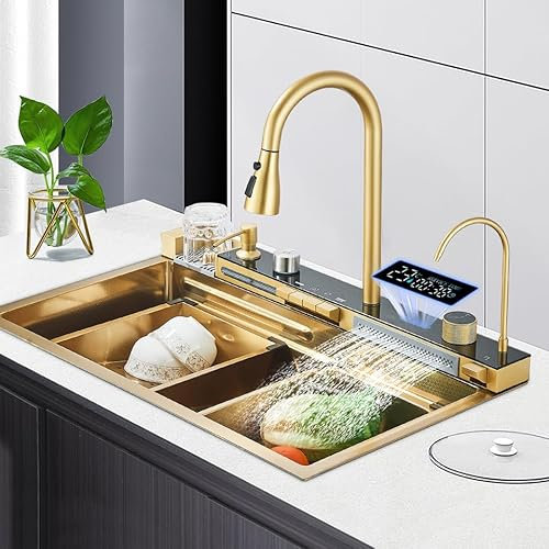 Harnart Évier de Cuisine Multifonction Evier de Cuisine à Comptoir Lavabo Acier Inoxydable avec Lave Verre Robinet Extractiblen Haute Pression 75x45x21cm,Or Brossé
