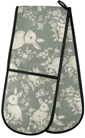 Oven Gloves Double Oven Gloves Bunny Floral Rabbit Grey Heat Oven Mitts Pot Holder Heat Resistant Quilted for BBQ Baking Kitchen Cooking Gloves