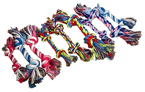 ROYJJ Corde pour chien agressifs - Couleurs vives - Jouet à mâcher presque indestructible pour chiens de petite taille - 17,8 cm de long - Corde de dentition à double nœud en coton avec styles