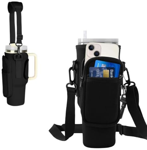 HAMKU Bolsa Para Stanley Cup,40oz Bolsa Porta Botella De Agua Para Stanley Tumbler,Funda Termica Botella Agua Con Correa De Hombro Ajustable y Mosquetón Para Viajes,Camping,Ciclismo-Negro